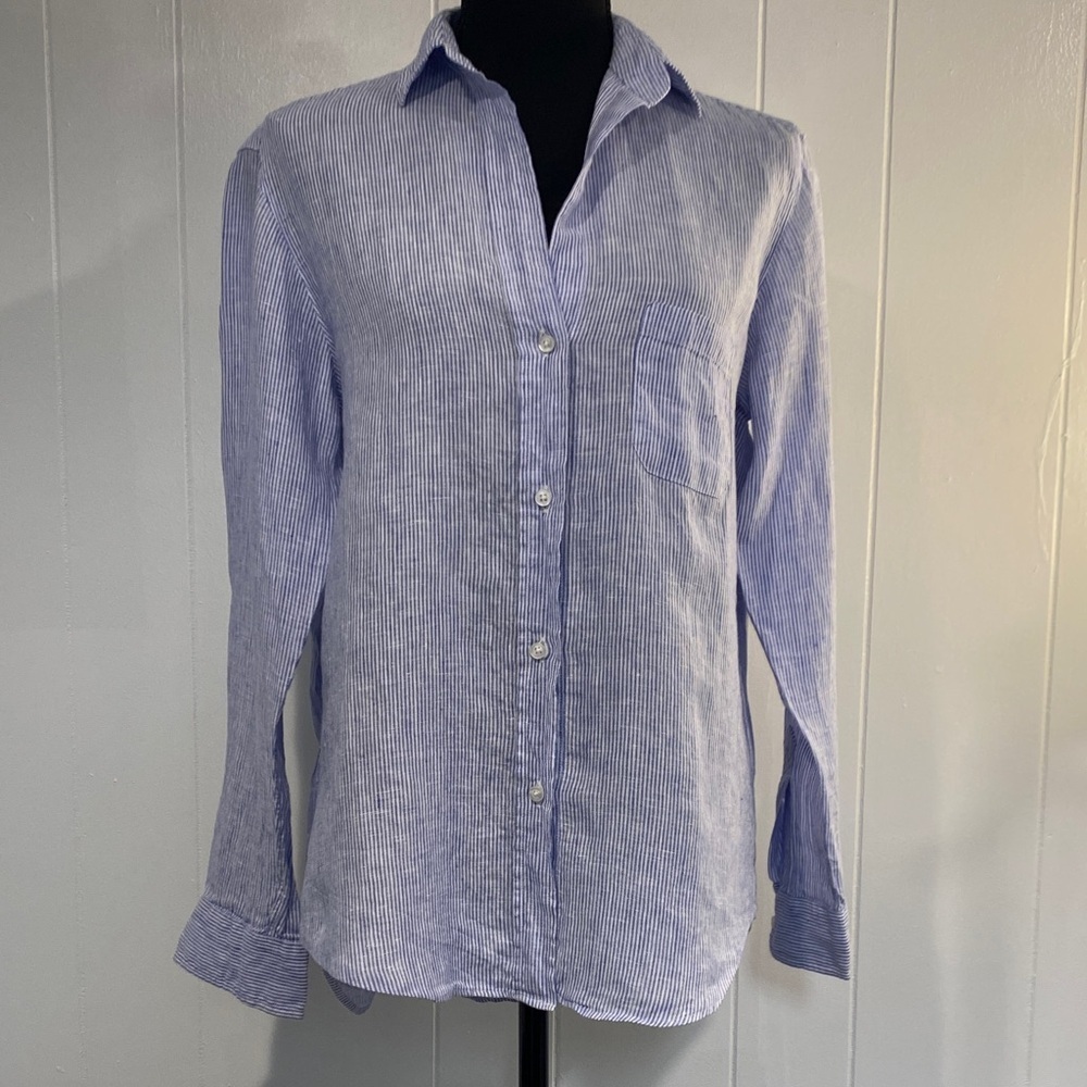 Grayson The Hero Shirt 100% Linen Blue White Stripe Hamptons Chic Luxury Size XS